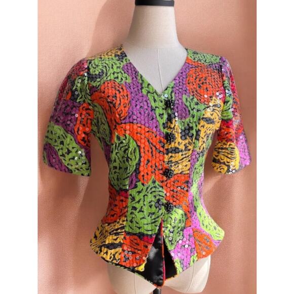 Vintage 80's Rimini Colorful Green Purple Puff Sleeve Blazer Jacket Formal Small - Picture 5 of 5